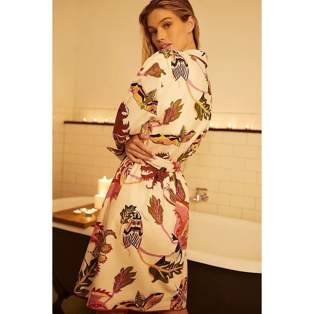 Anthropologie Raphael Balme Robe Floral Moth Butterfly Print M/L - Picture 6 of 7